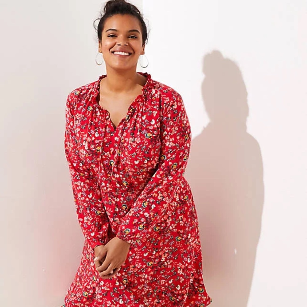 LOFT PLUS Red Floral Primrose Tie Neck Flare Dress Size 16